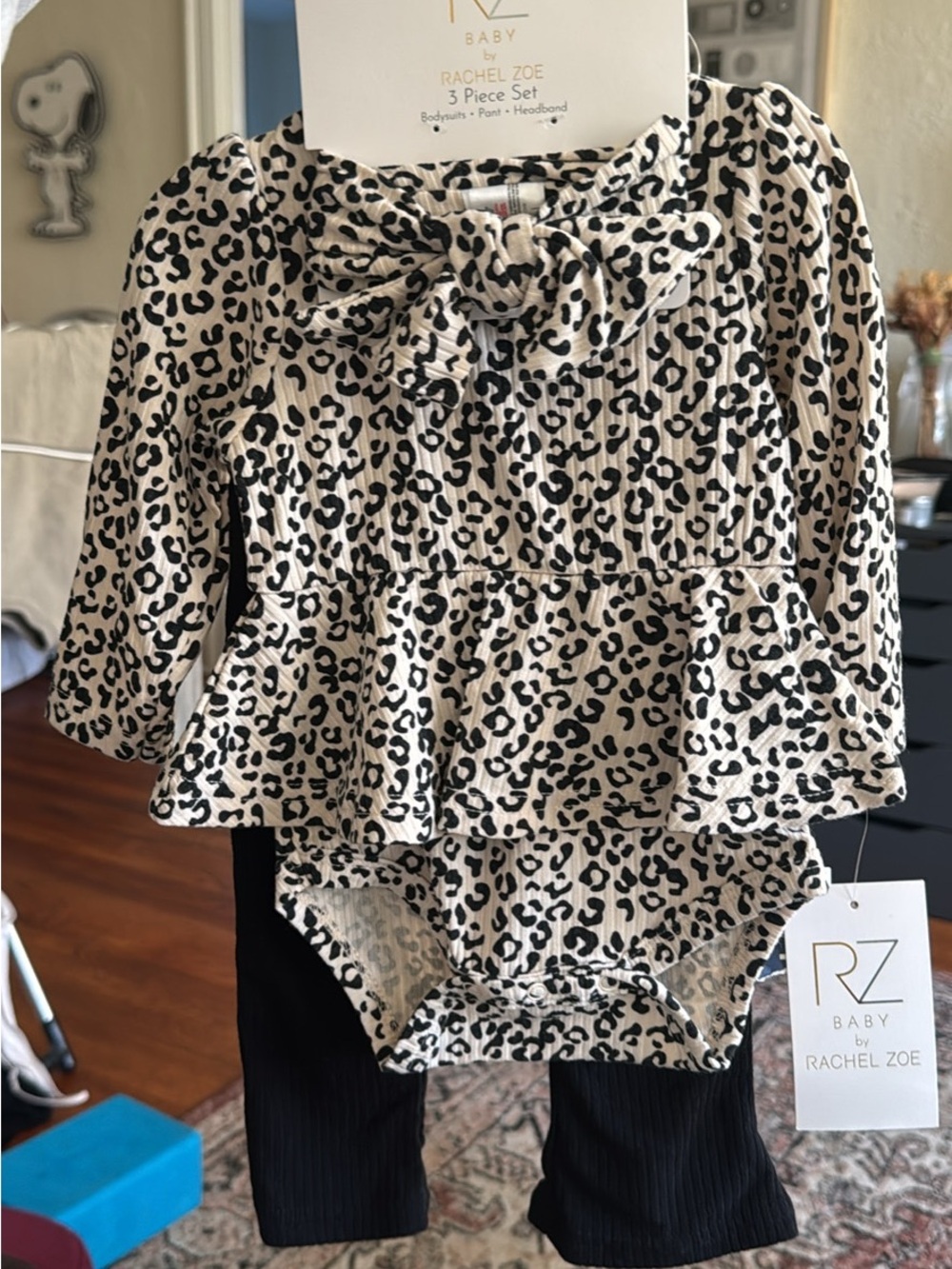 Leopard Print Peplum Top & Leggings Set - Black/Cream